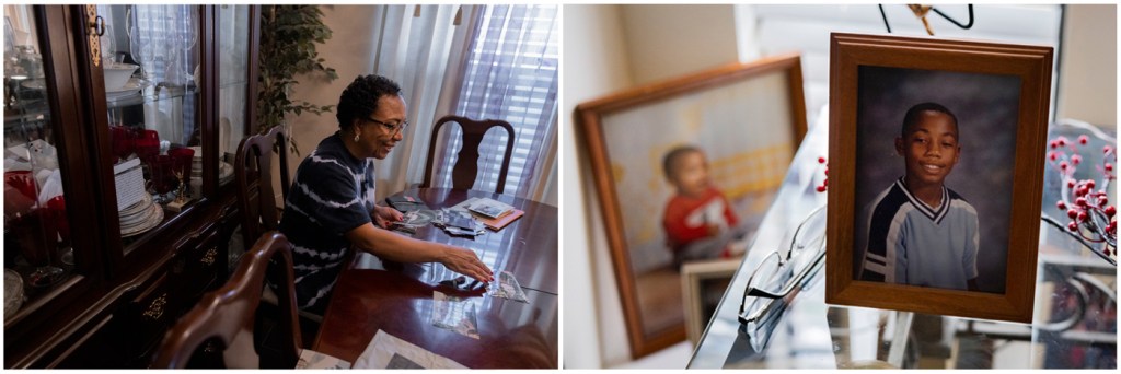 Rowena Ward shows photos of her son Rory Ward at her dinner table.