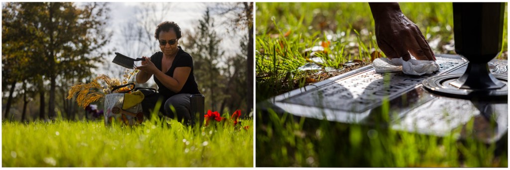 Rowena Ward cleans the grave of her son, Rory Ward, at Klein Memorial Park Cemetery.