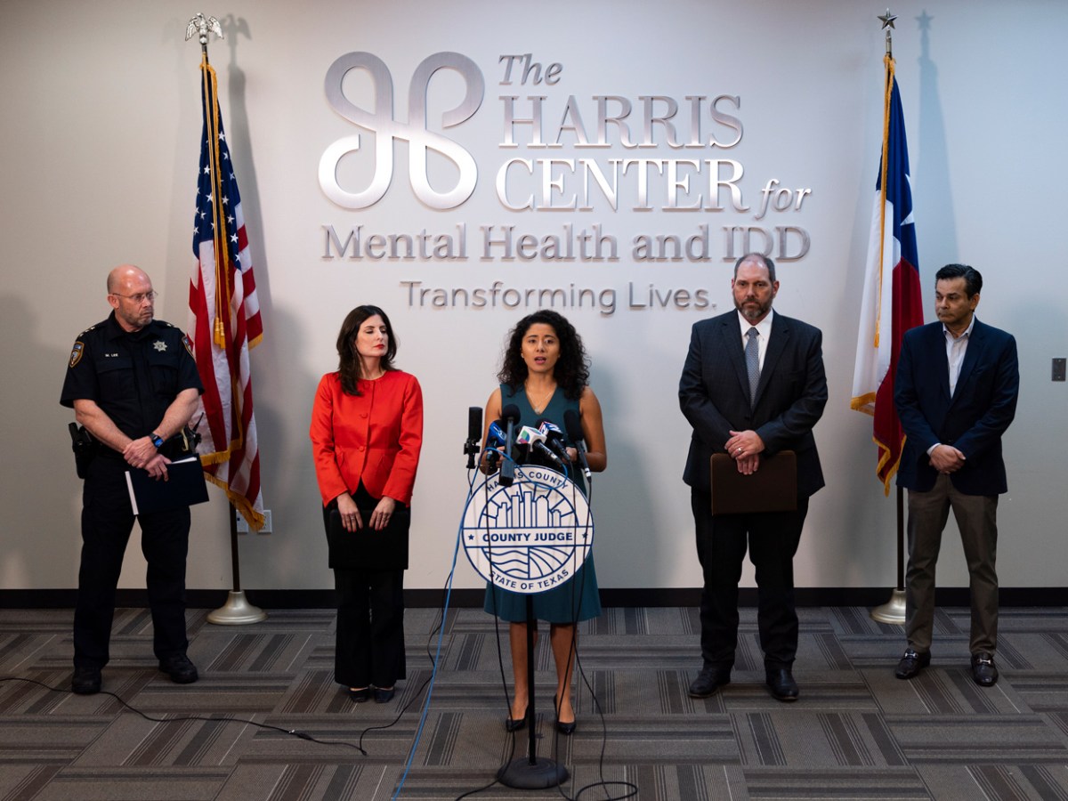 Harris County Judge Lina Hidalgo holds a news conference at the Harris Center for Mental Health and IDD, Feb. 9, 2023, in Houston.