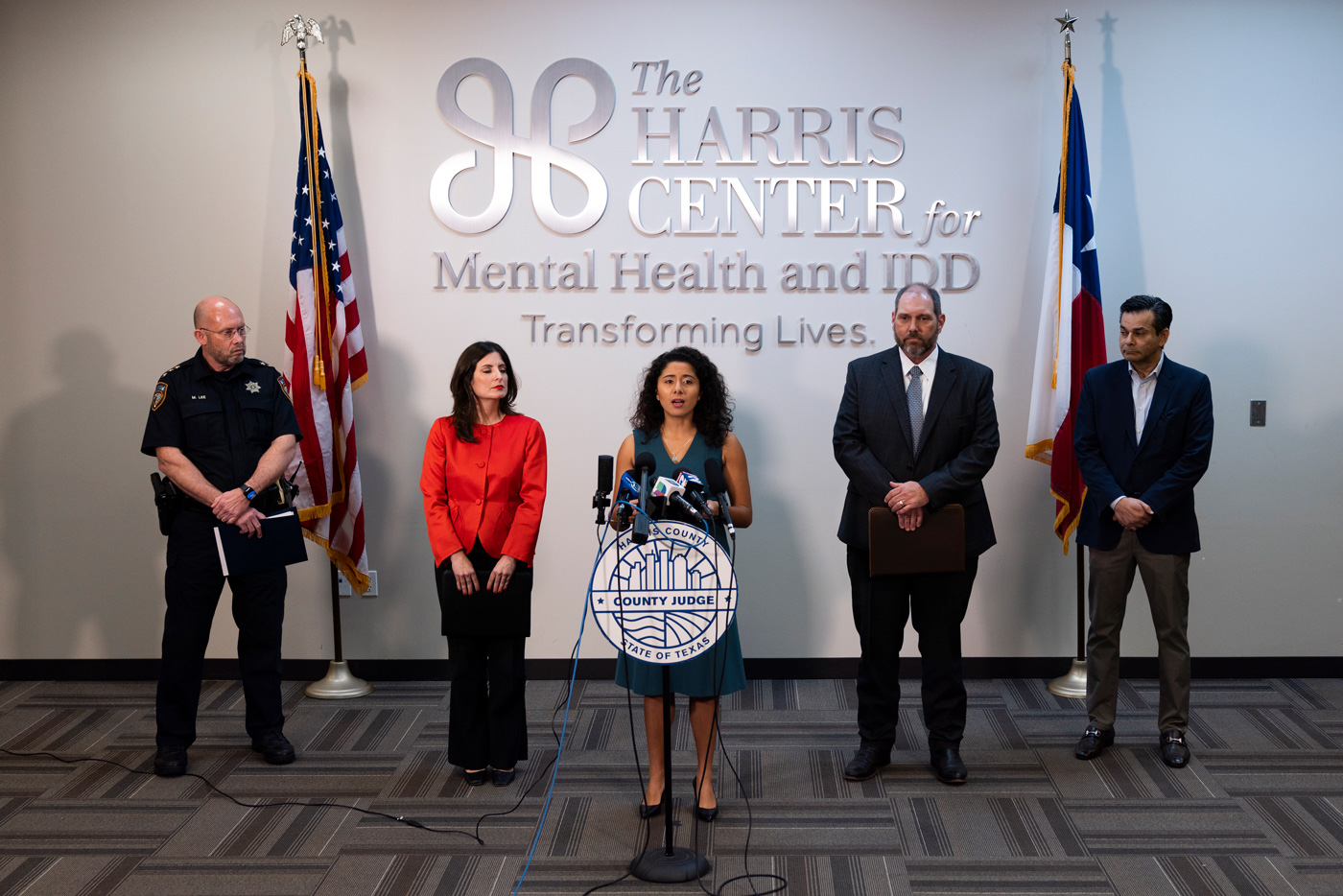 Harris County Judge Lina Hidalgo holds a news conference at the Harris Center for Mental Health and IDD, Feb. 9, 2023, in Houston.