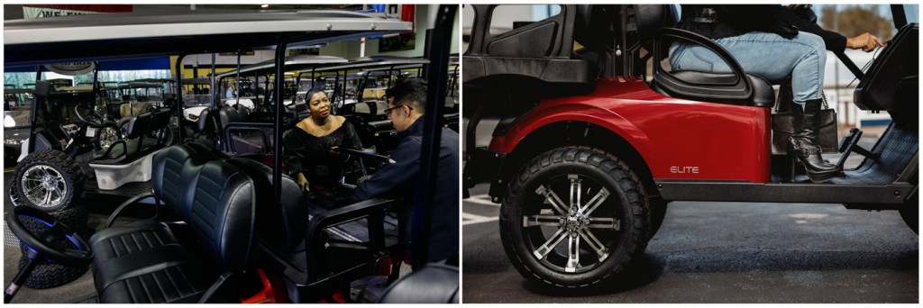 Golf Cars of Houston Superstore sales consultant Abel Barrera, right, shows Tracy Curtis, left, a golf cart as she shops for one to be used by her family to enjoy outdoor recreational activities