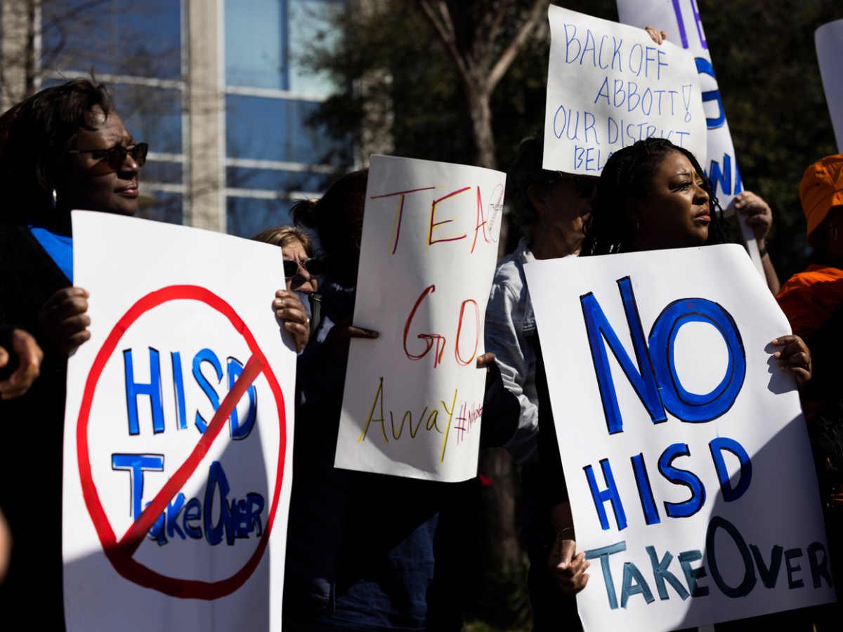 Protestors rallied at Houston ISD headquarters against the potential takeover of the district's school board.