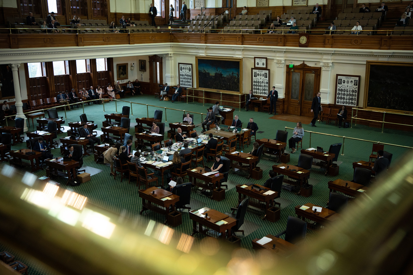 View of the Texas Senate Chambers from above the floor.