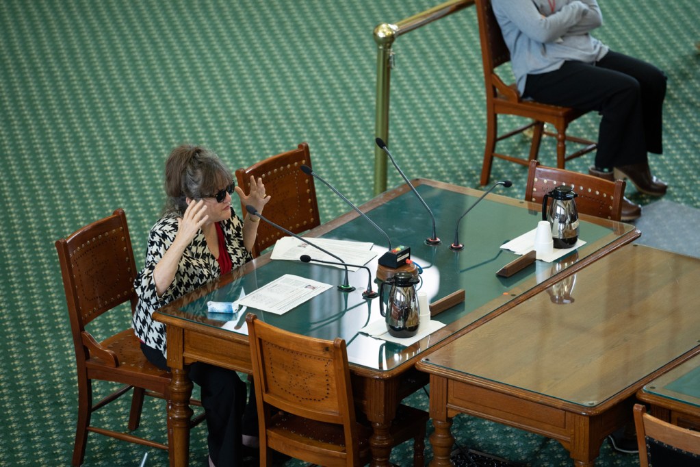 Sheila Hemphill, founder and CEO of Texas Right To Know, participates in a Texas Senate Health and Human Services Committee hearing.