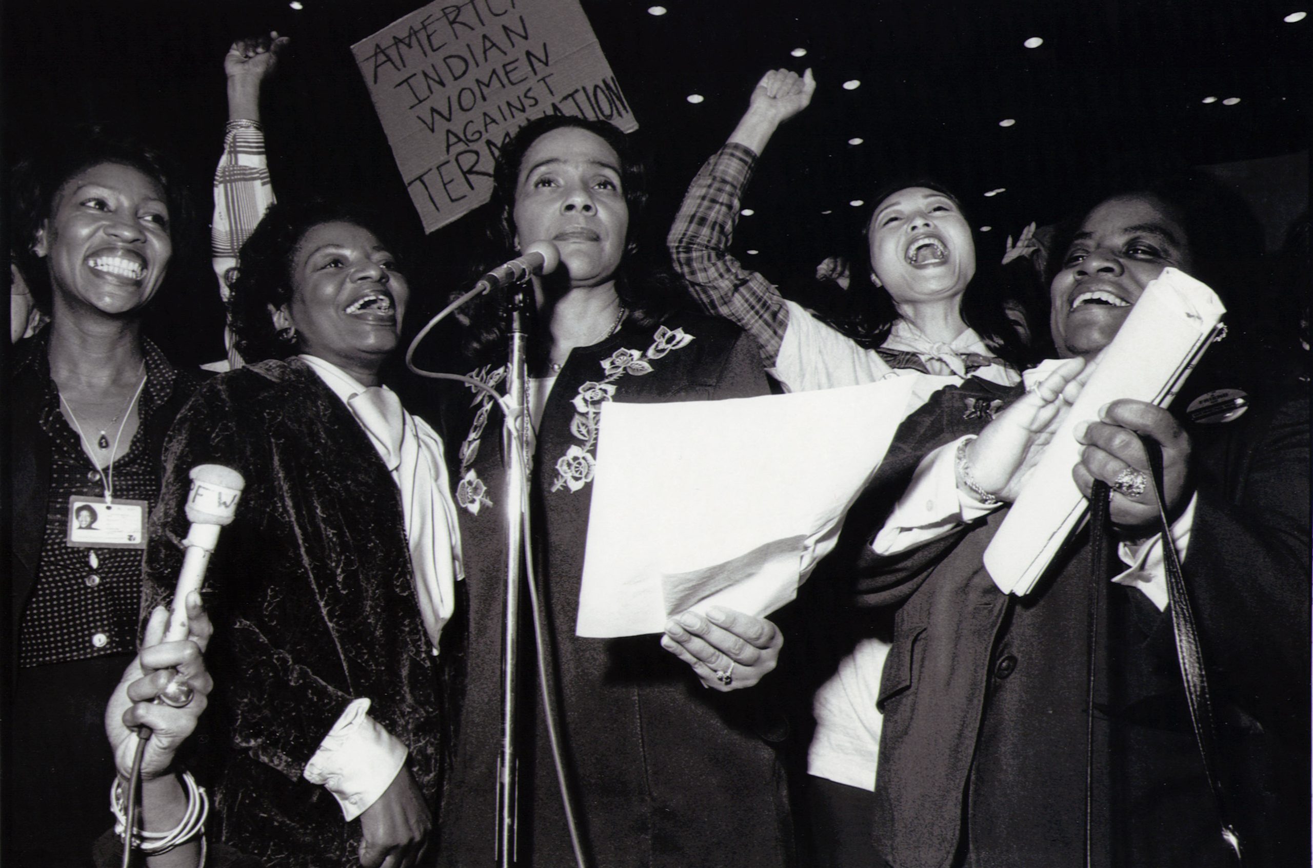 Civil rights leader and author Coretta Scott King, at center, enthusiastically introduces an amendment at the International Women's Year National Women's Conference in Houston in 1977. (Photo © Janice Rubin: University of Houston Libraries, Special Collections)