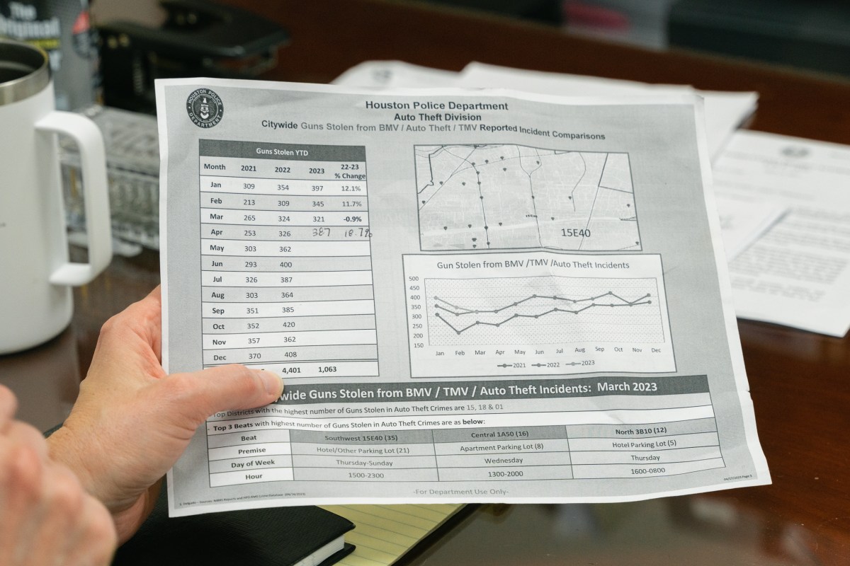 Caroline Dozier, a division chief in the Harris County District Attorney's Office, holds a report on guns stolen out of parked cars in Houston