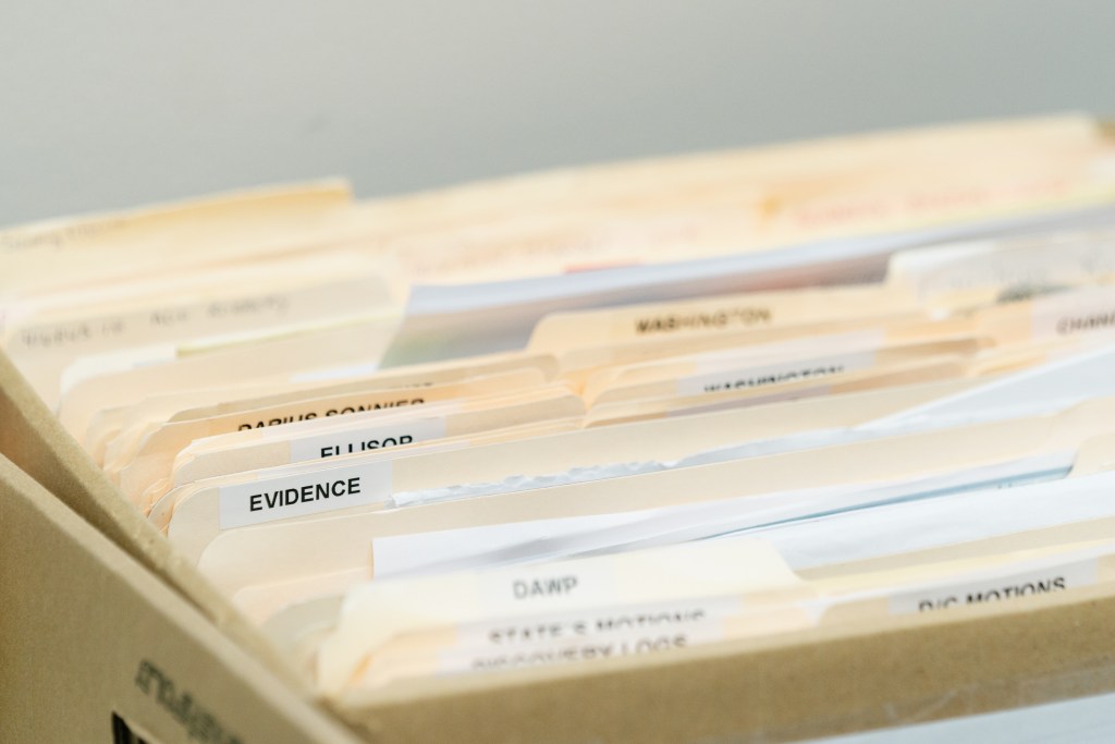 File folders inside a case box inside of Caroline Dozier’s office