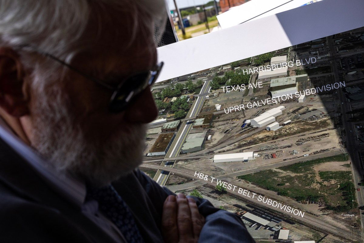 Photo of a map depicting proposed roadway changes to railroad crossings in Houston, Texas.