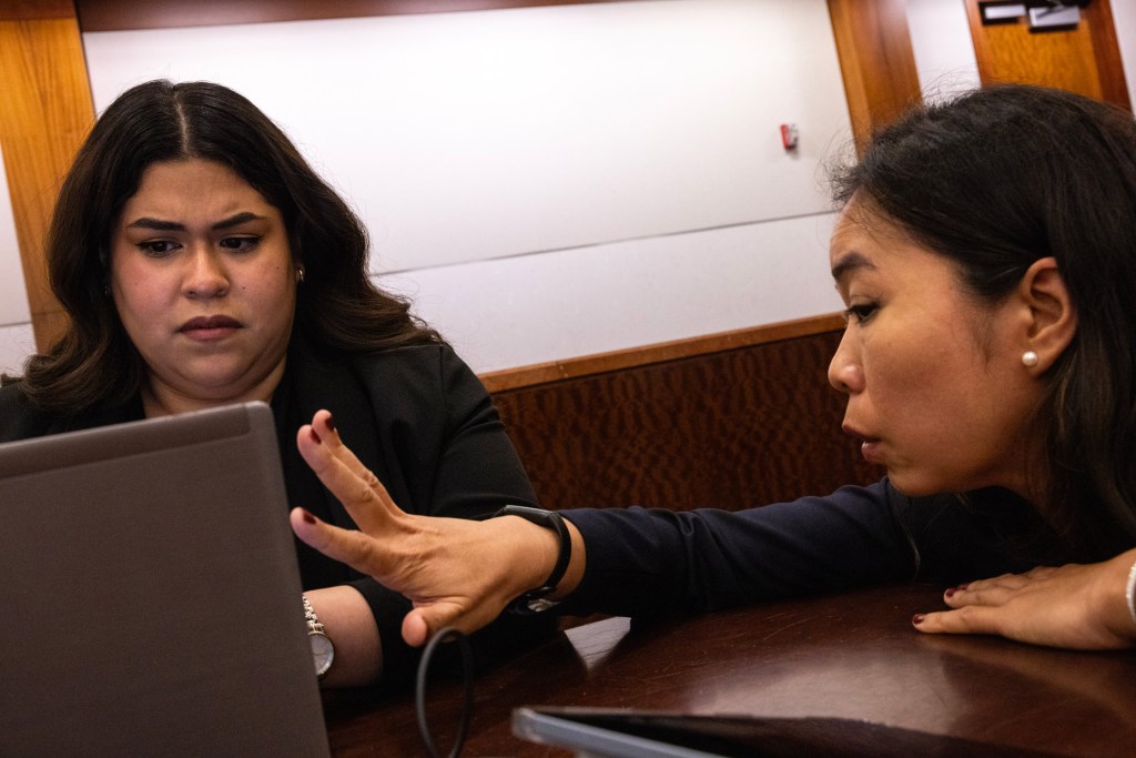 Defense attorney Thuy Le, at right, speaks with Nidia Ventura, a prosecutor with the Harris County District Attorney's Office, before court is called to order Thursday