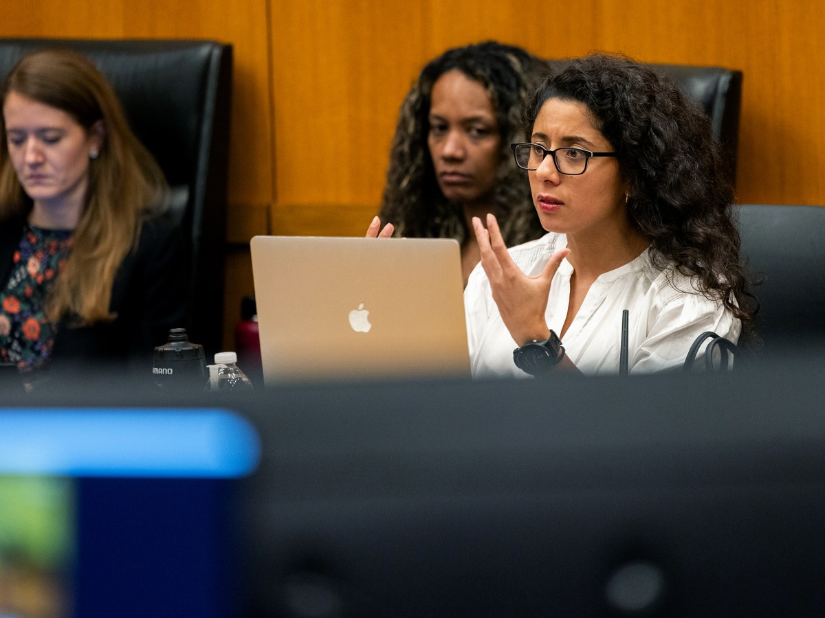 Harris County Judge Lina Hidalgo leads a Harris County Commissioners Court meeting, Tuesday, June 27, 2023, in Houston.