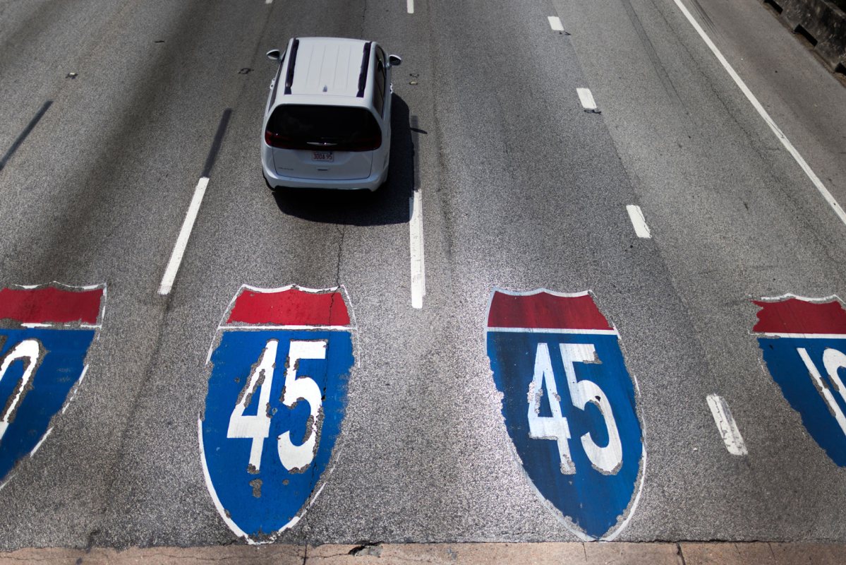 View of the interstate 45 from above with the I-45 sign imprinted on the road.