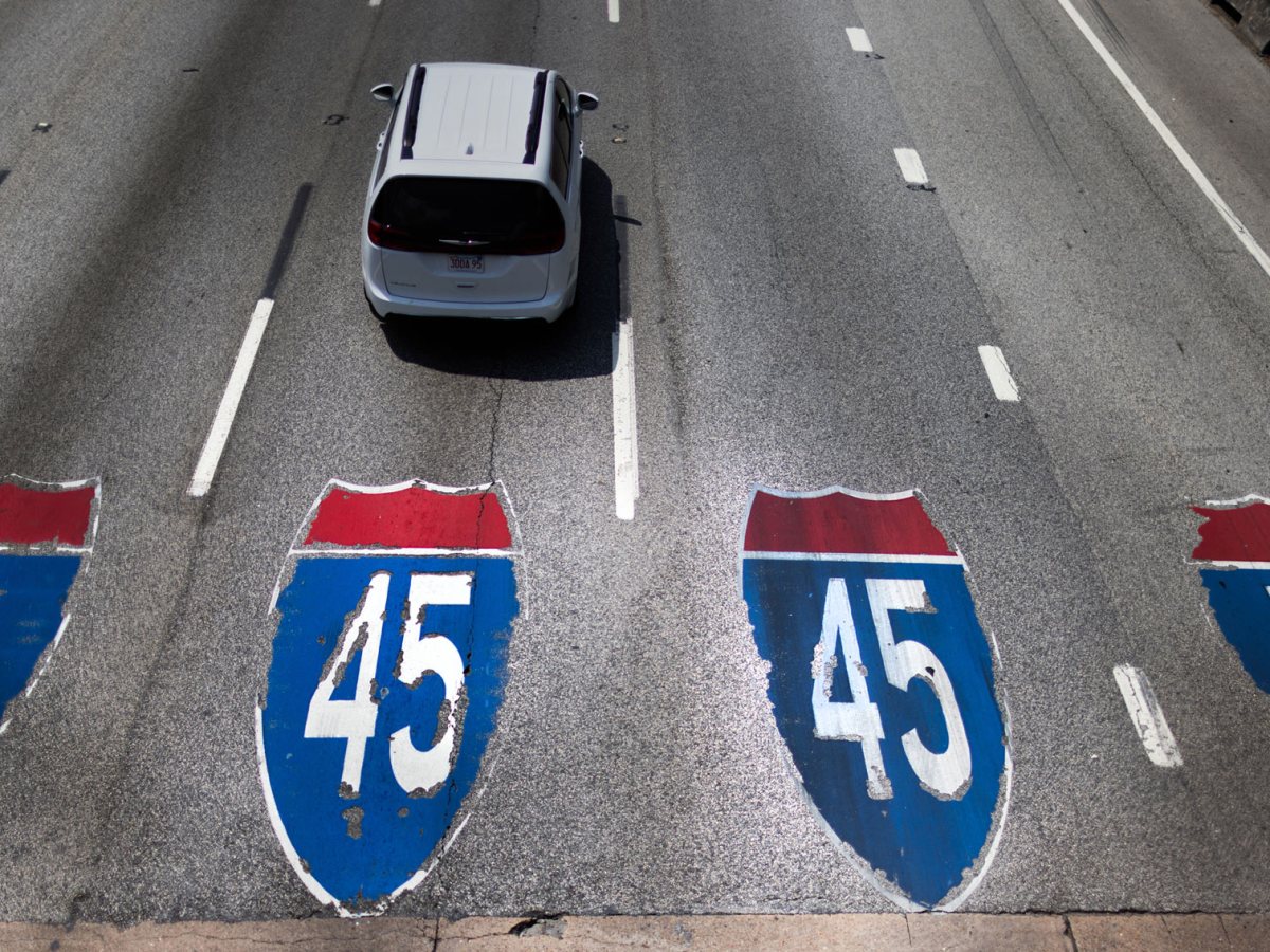 View of the interstate 45 from above with the I-45 sign imprinted on the road.