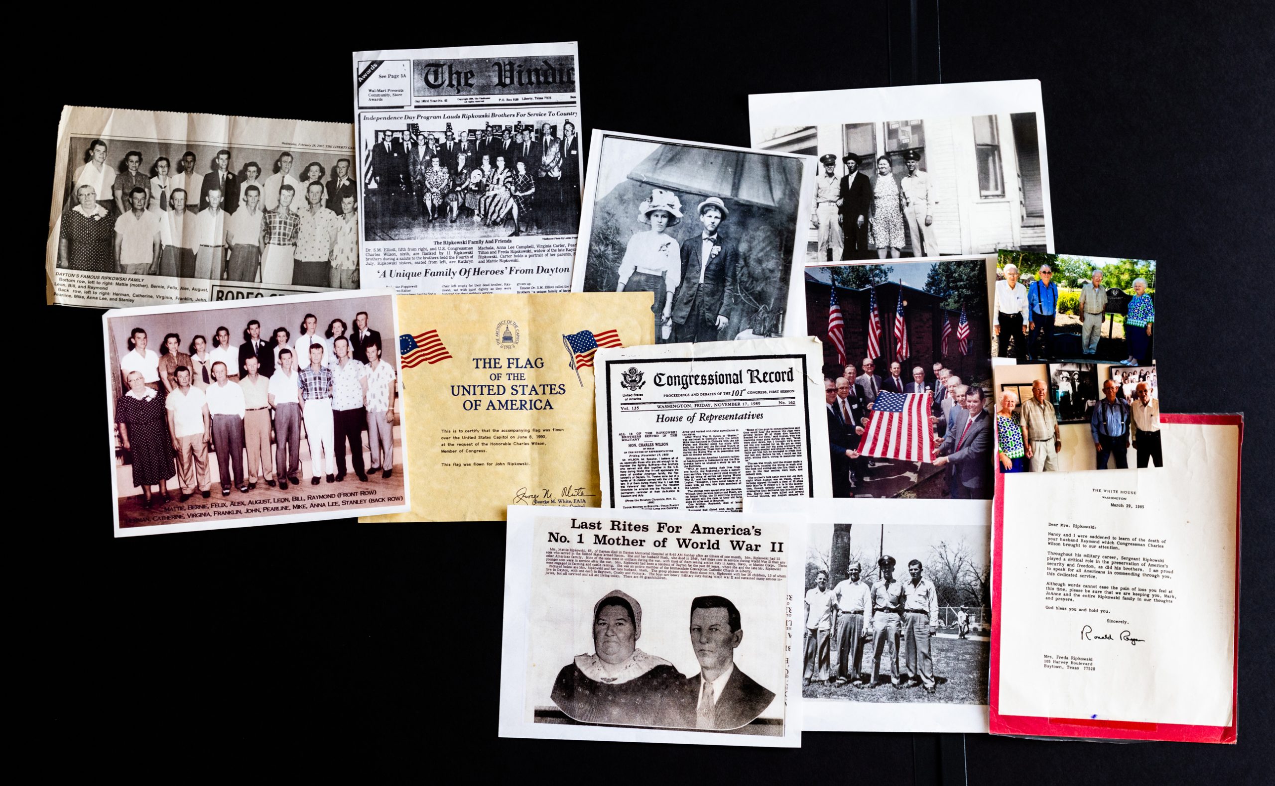 A composite of newspaper clips and archival photos of the Ripkowski family