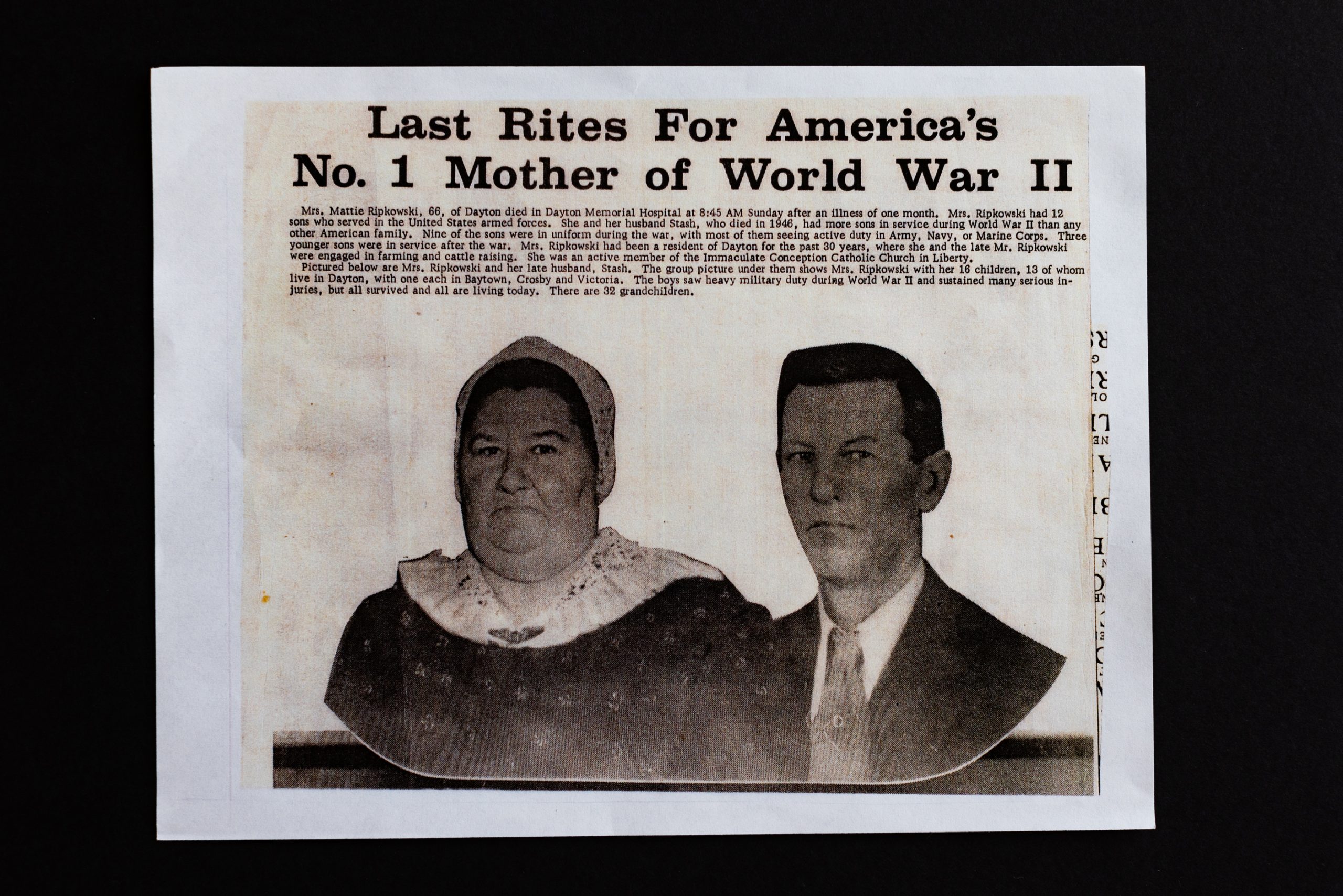 A copy of an obituary for the Ripkowski matriarch, Mattie Ripkowski