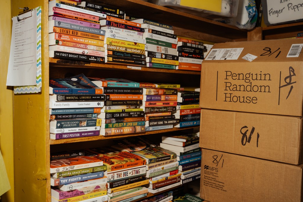 Stacks of book in the back of Blue Willow Bookshop