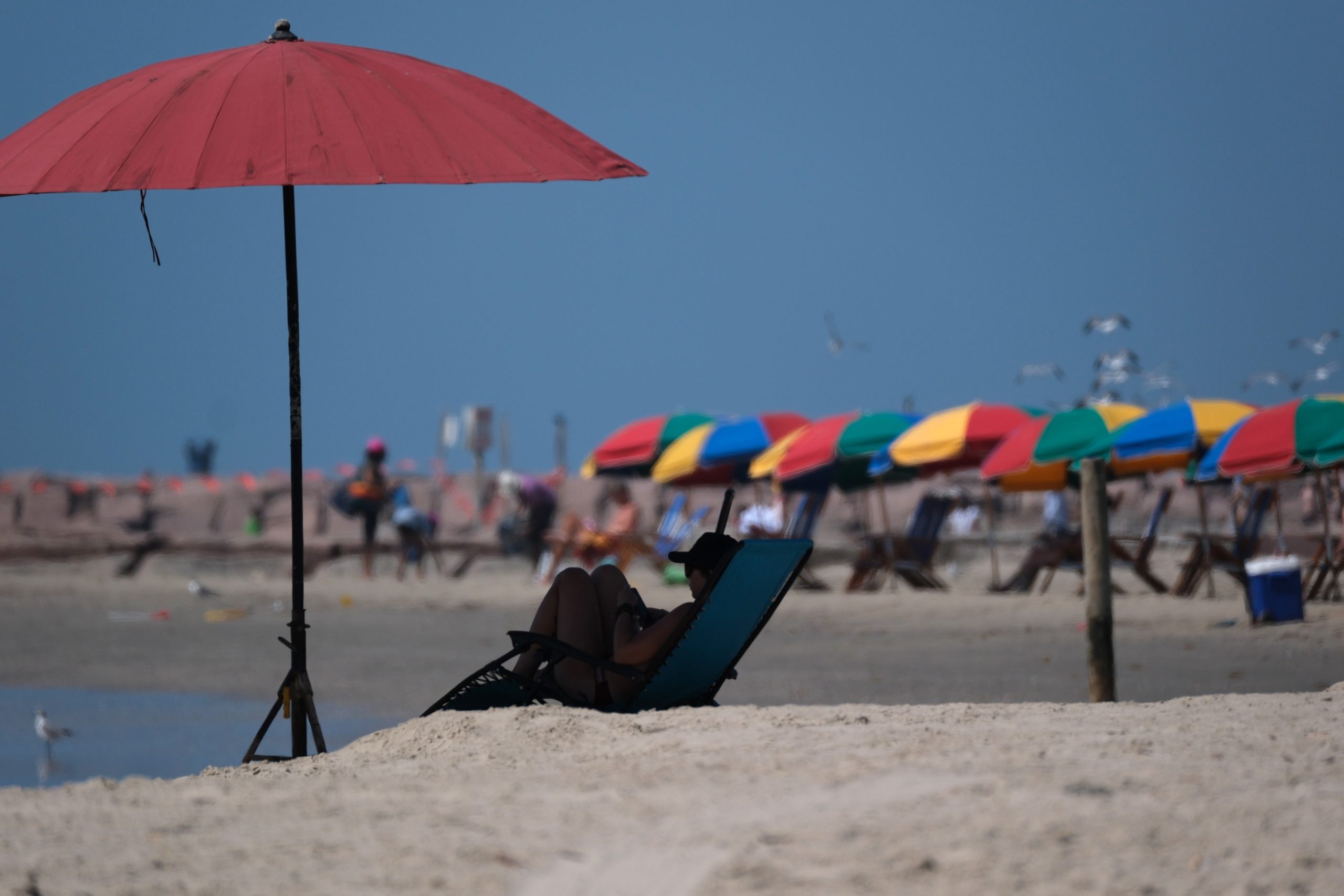 Beachgoers take shelter under umbrellas in Galveston