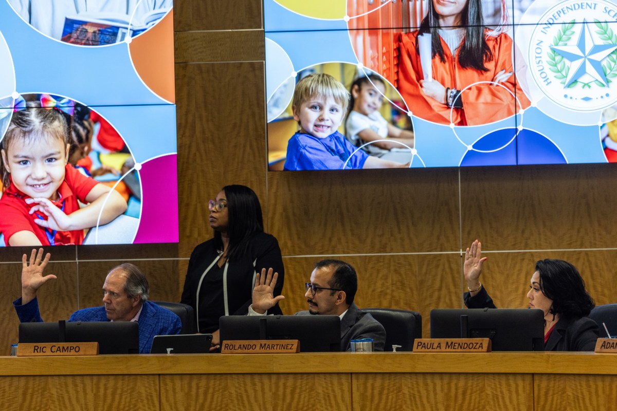 Houston ISD board members cast a vote during a meeting Aug. 10, 2023, at the district's northwest Houston headquarters. (Houston Landing file photo / Marie D. De Jesús)