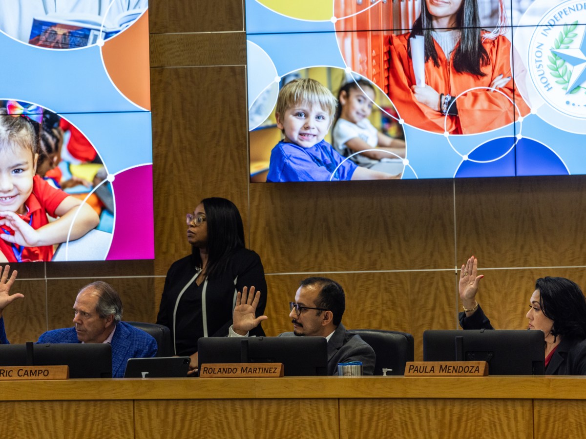 Houston ISD board members cast a vote during a meeting Aug. 10, 2023, at the district's northwest Houston headquarters. (Houston Landing file photo / Marie D. De Jesús)