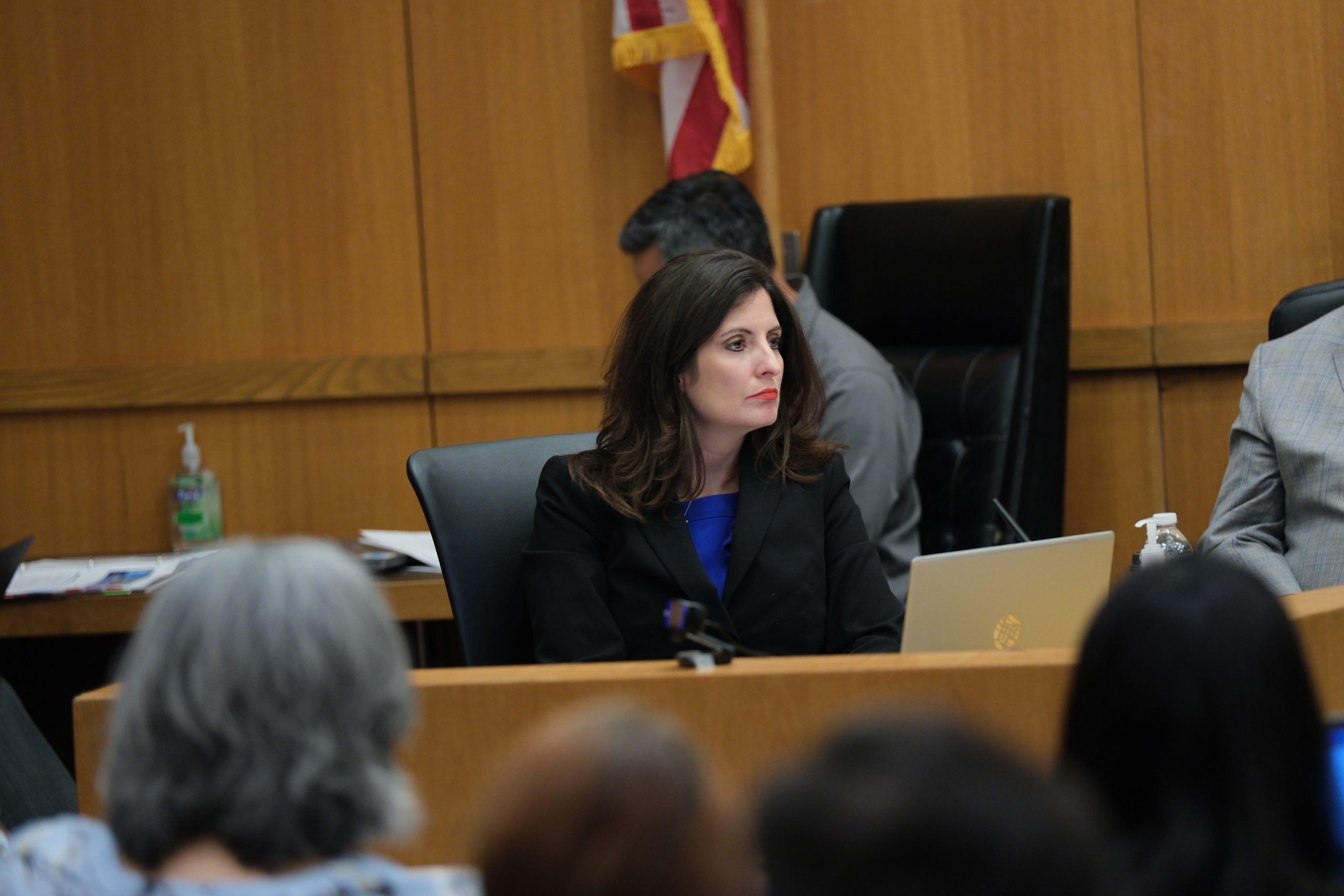Harris County Commissioner Lesley Briones listens to a presentation ahead of a vote for the bond election for the Harris County Hospital District during a special meeting in Commissioners Court