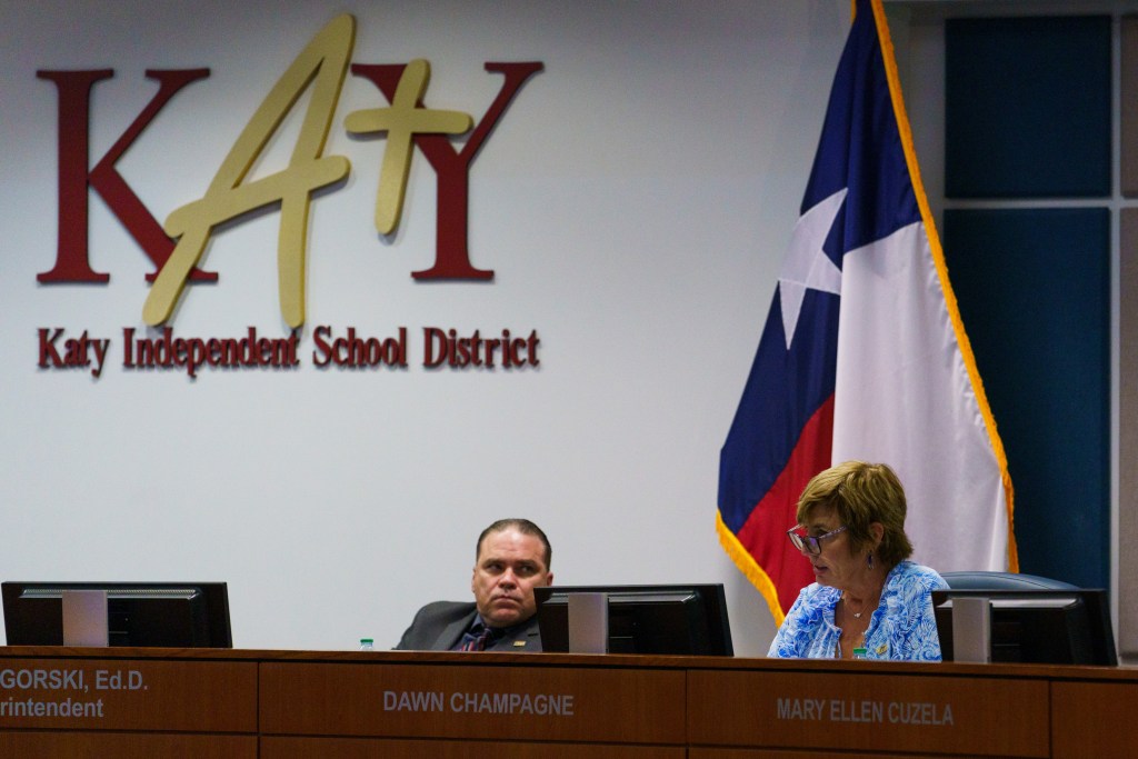 Daw​n Champagne, a Katy ISD board member, at right, expresses concerns for Katy ISD students about the policy related to parental authority and gender fluidity at Katy ISD