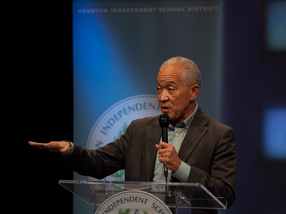 Houston ISD Superintendent Mike Miles speaks to reporters during a press conference Aug. 28 at the district's northwest Houston headquarters