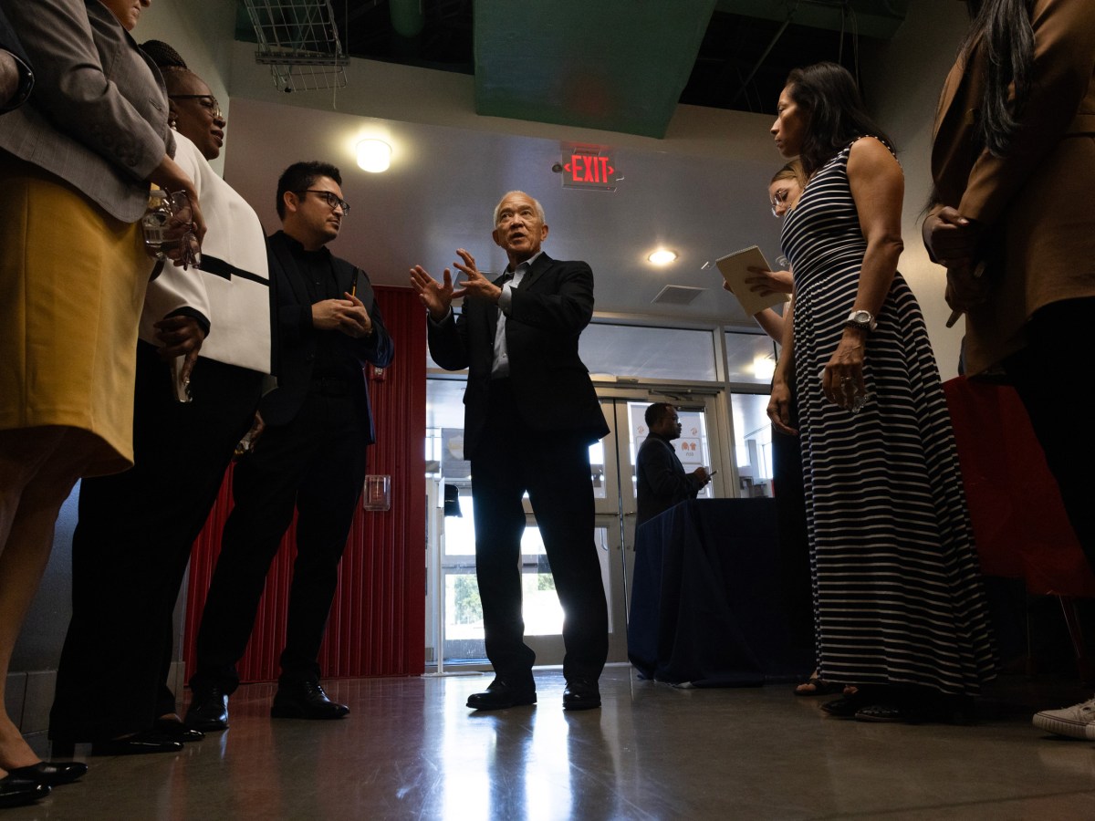 Superintendent Mike Miles gives his closing observations to staff at the end of an August tour of Sugar Grove Academy in Houston's Sharpstown neighborhood.