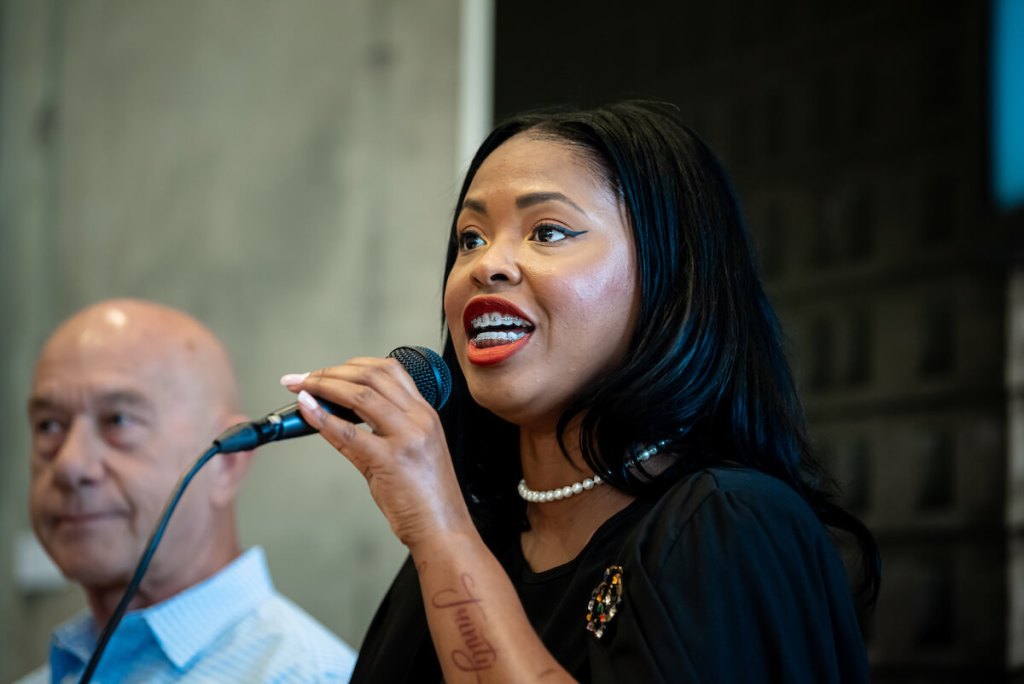 Police officer Robin Williams speaks at a transportation forum of candidates running to be elected mayor of Houston