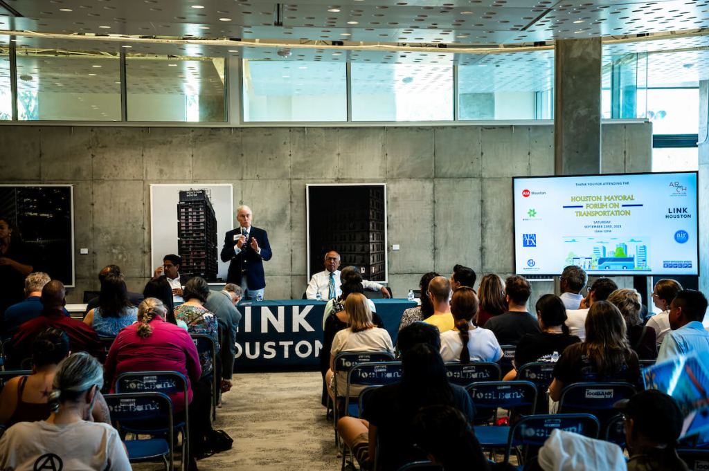 Former city council member Jack Christie speaks at a transportation forum of mayoral candidates Saturday at the Architecture Center Houston.