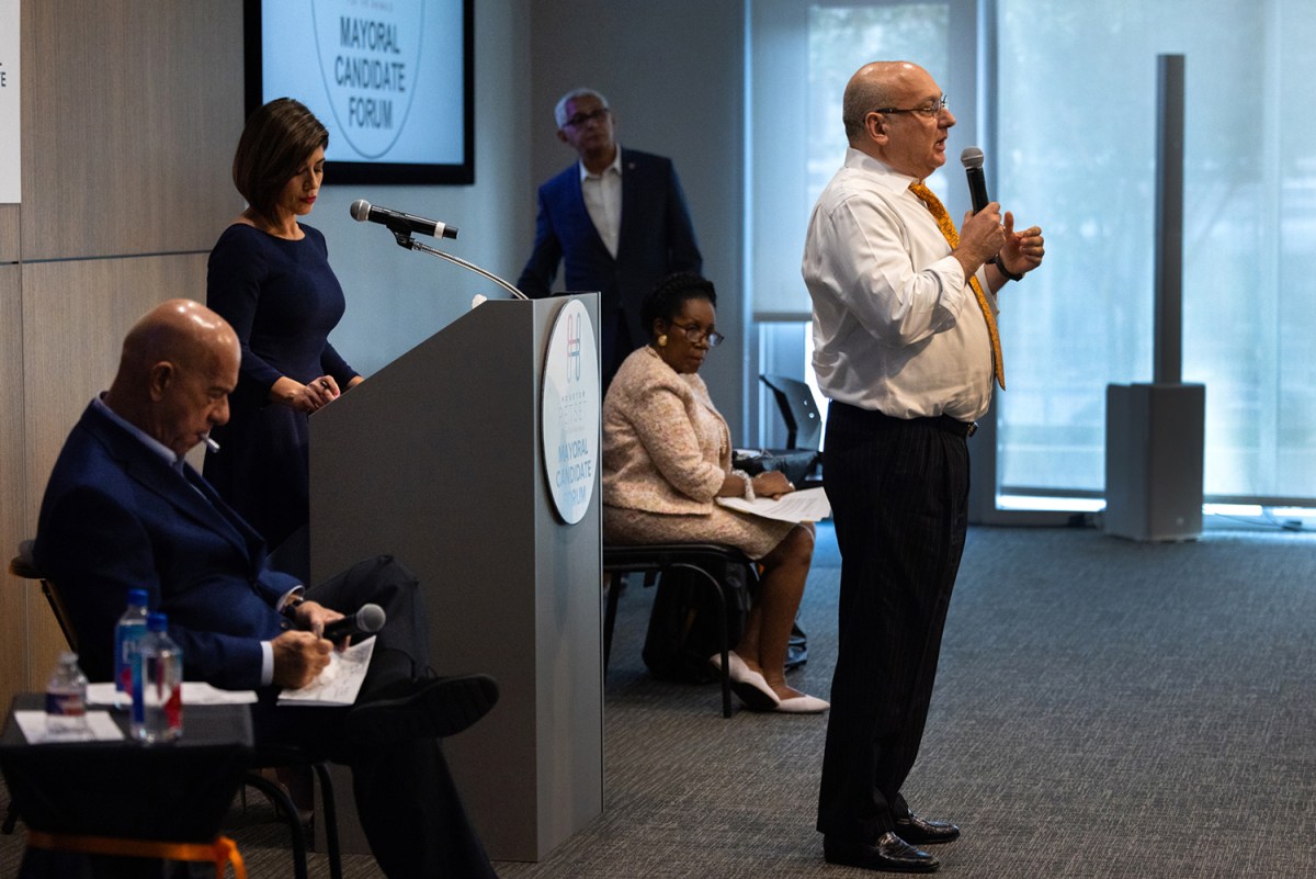 City of Houston mayoral candidate Gilbert Garcia addresses an audience at the mayoral candidate forum organized by Houston PetSet at Crime Stoppers of Houston