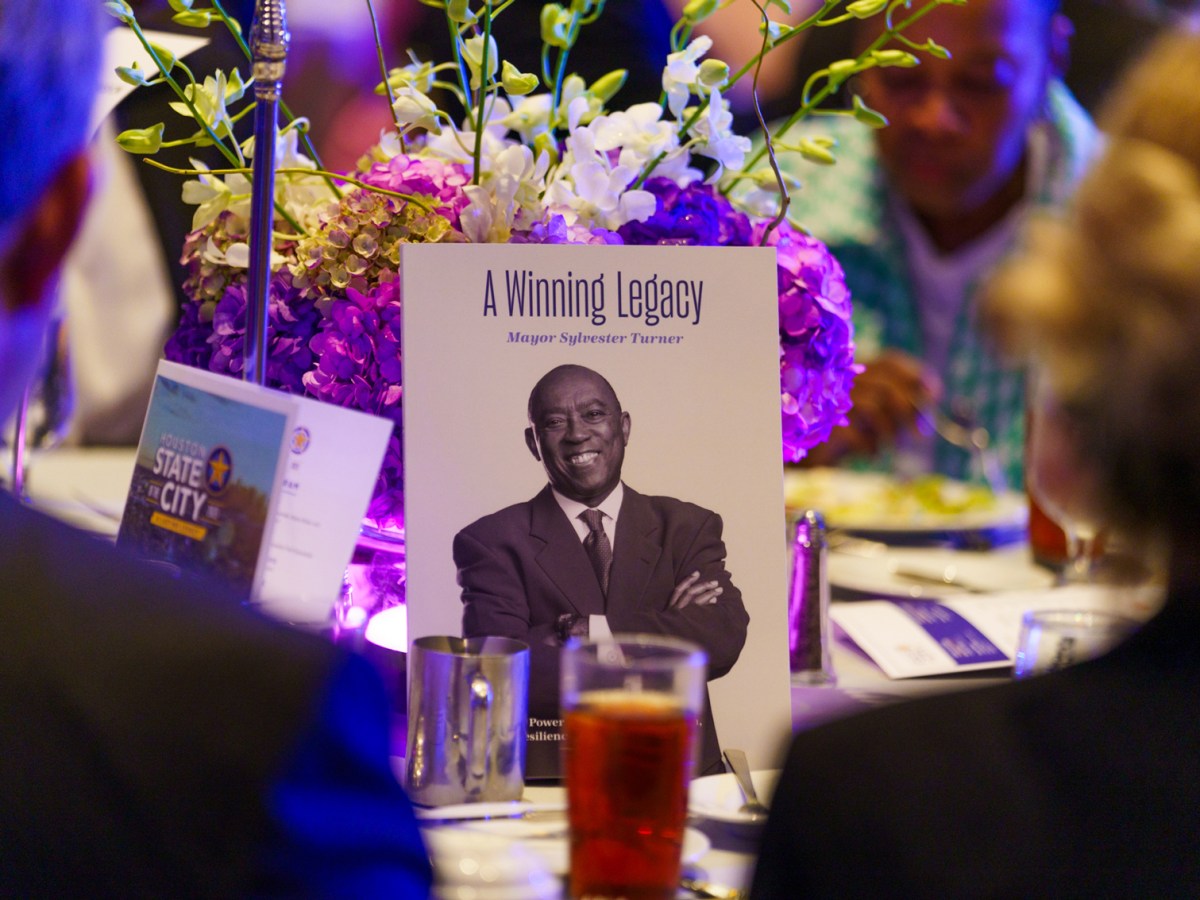 A book titled, “A Winning Legacy,” dedicated to Mayor Sylvester Turner is available at tables during his last state of the city address on Wednesday, Sept. 27, 2023, in Houston.