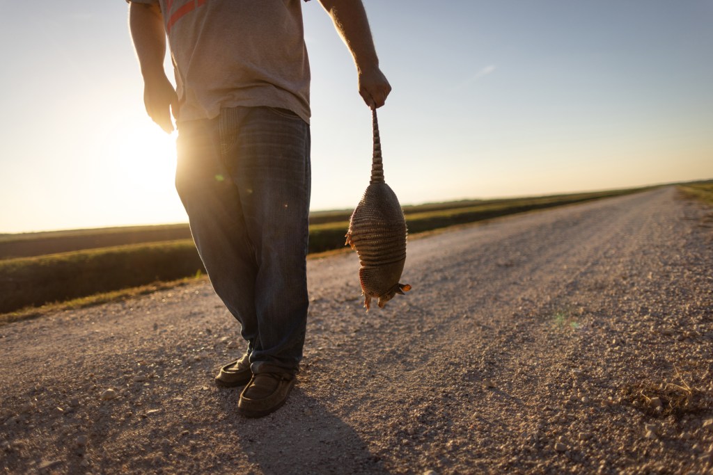 Andrew Thorn holds an armadillo while waiting for a gator to bite on a trap the day before the end of hunting season, Friday, Sept. 29, 2023, in Hankamer. (Marie D. De Jesús / Houston Landing)