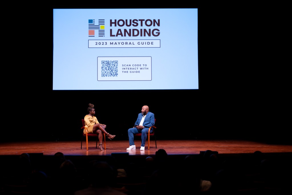 Monique Welch, diverse communities reporter, interviews Bun B, at right, during the Houston Landing Live event.