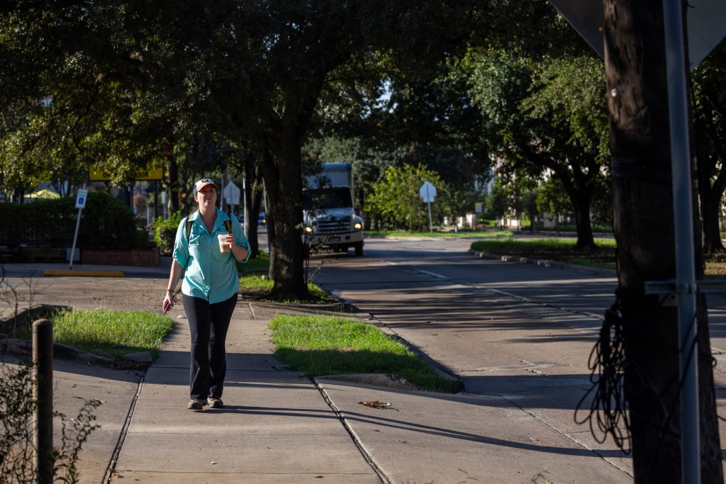 Maggie Gordon, columnist, walks down Montrose Boulevard between Clay and Dallas Streets, Friday, Oct. 6, 2023, in Houston. 