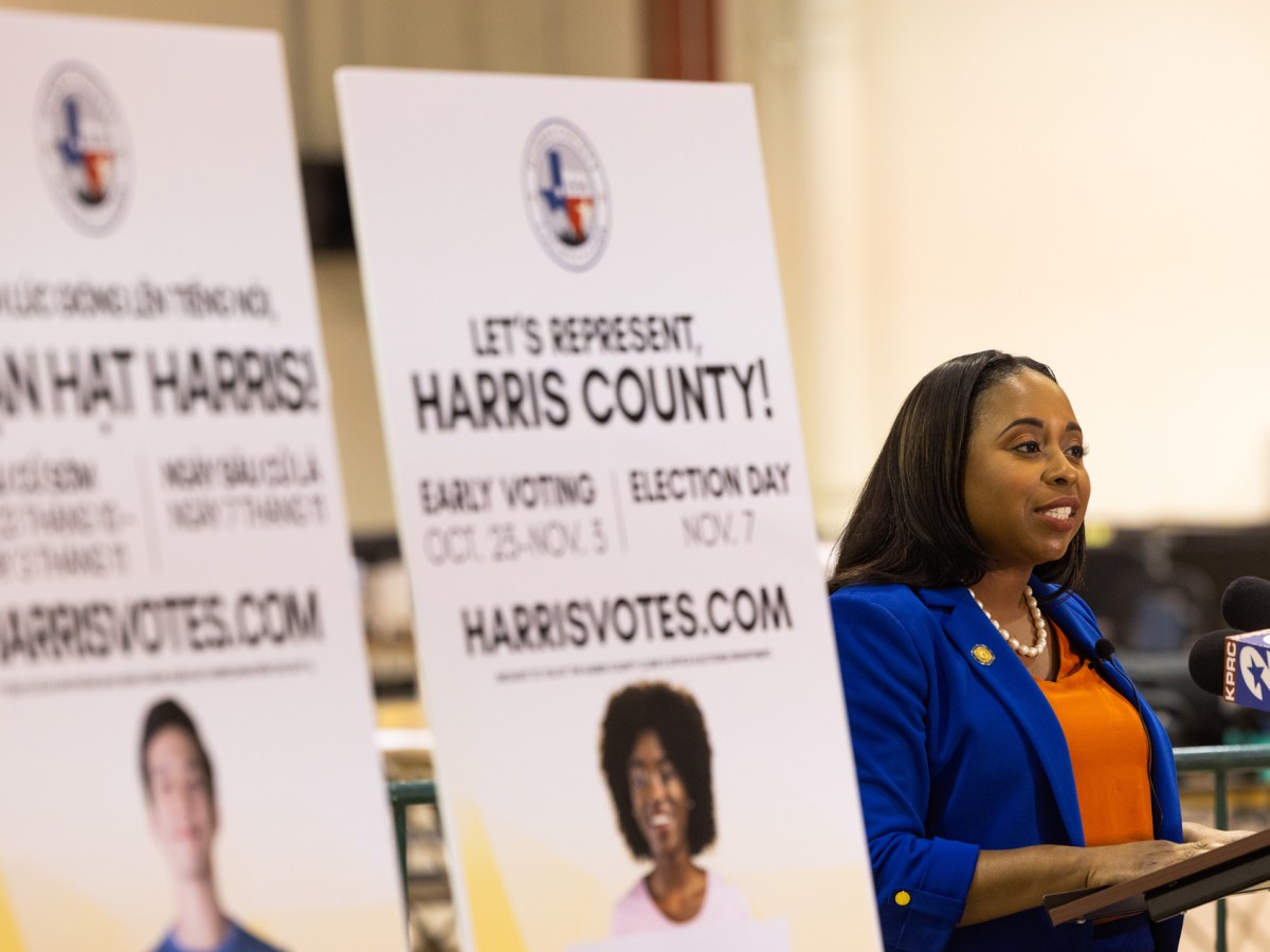 Harris County Clerk Teneshia Hudspeth speaks to the media during a press conference about the Harris County elections, Friday, Oct. 20, 2023, in Houston