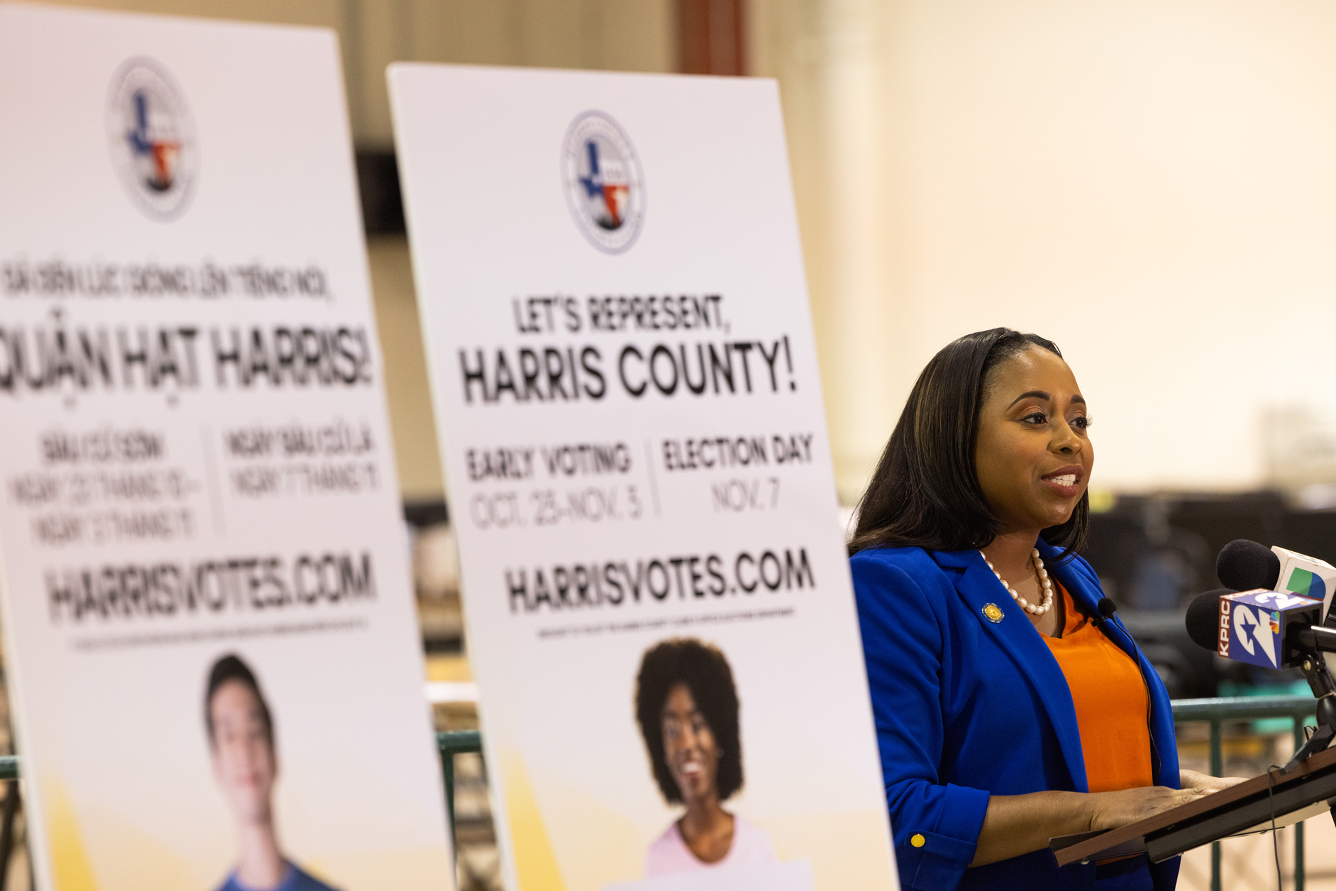 Harris County Clerk Teneshia Hudspeth speaks to the media during a press conference about the Harris County elections, Friday, Oct. 20, 2023, in Houston