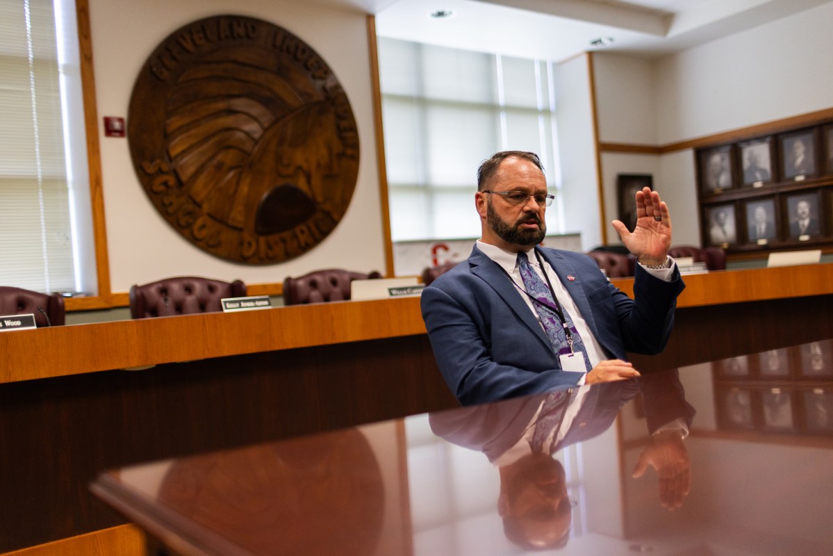 Cleveland Independent School District Superintendent Stephen McCanless gestures