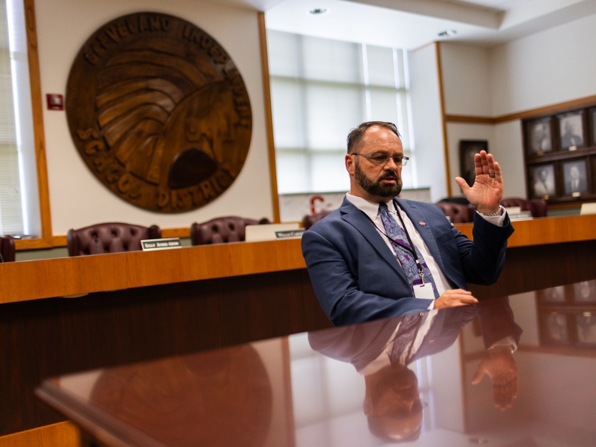 Cleveland Independent School District Superintendent Stephen McCanless gestures