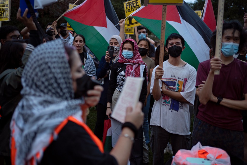 On October 27, 2023, people gather at a protest for Palestine and against Rice University’s Baker Institute’s anniversary gala, attended by former U.S. Secretaries of State Henry Kissinger and Hillary Rodham Clinton, in Houston, Texas.