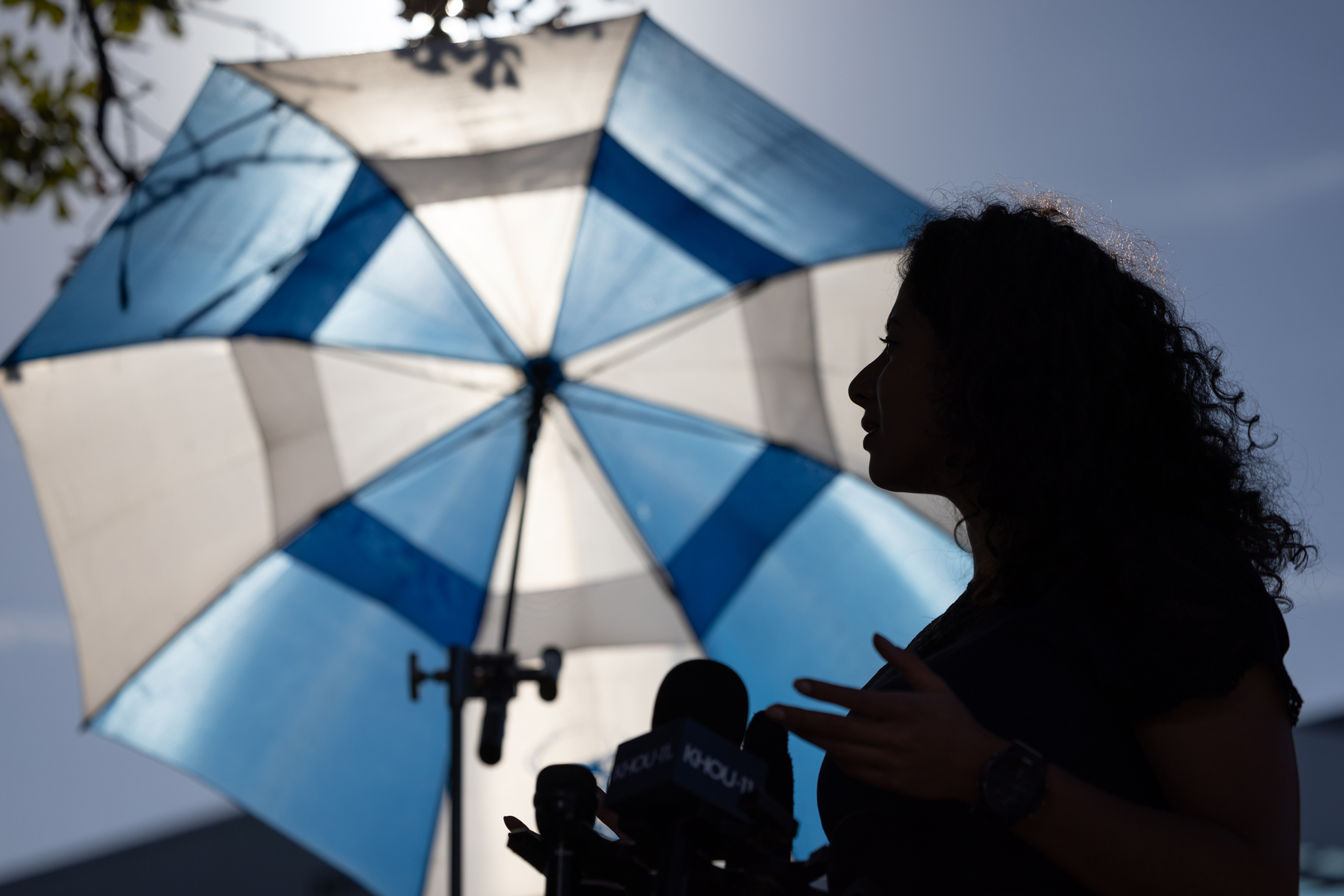 Harris County judge Lina Hidalgo, talks to members of the press at the Houston Metropolitan Multi-Service Center on Election Day, Tuesday, Nov. 7, 2023, in Houston. 