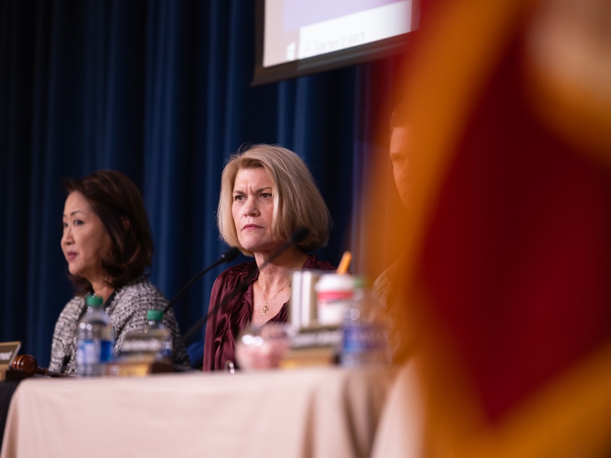 Spring Branch Independent School District Superintendent Jennifer Blaine listens to speakers during a school board meeting Dec. 11, 2023, in Houston.