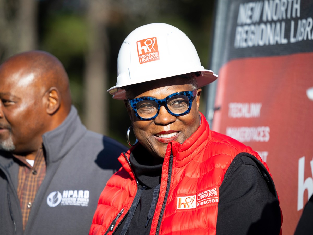 Houston Public Library director Dr. Rhea Lawson smiles with other leaders while breaking ground for the New North Regional Library on South Victory Drive during the "Mayor's Library Legacy Tour"