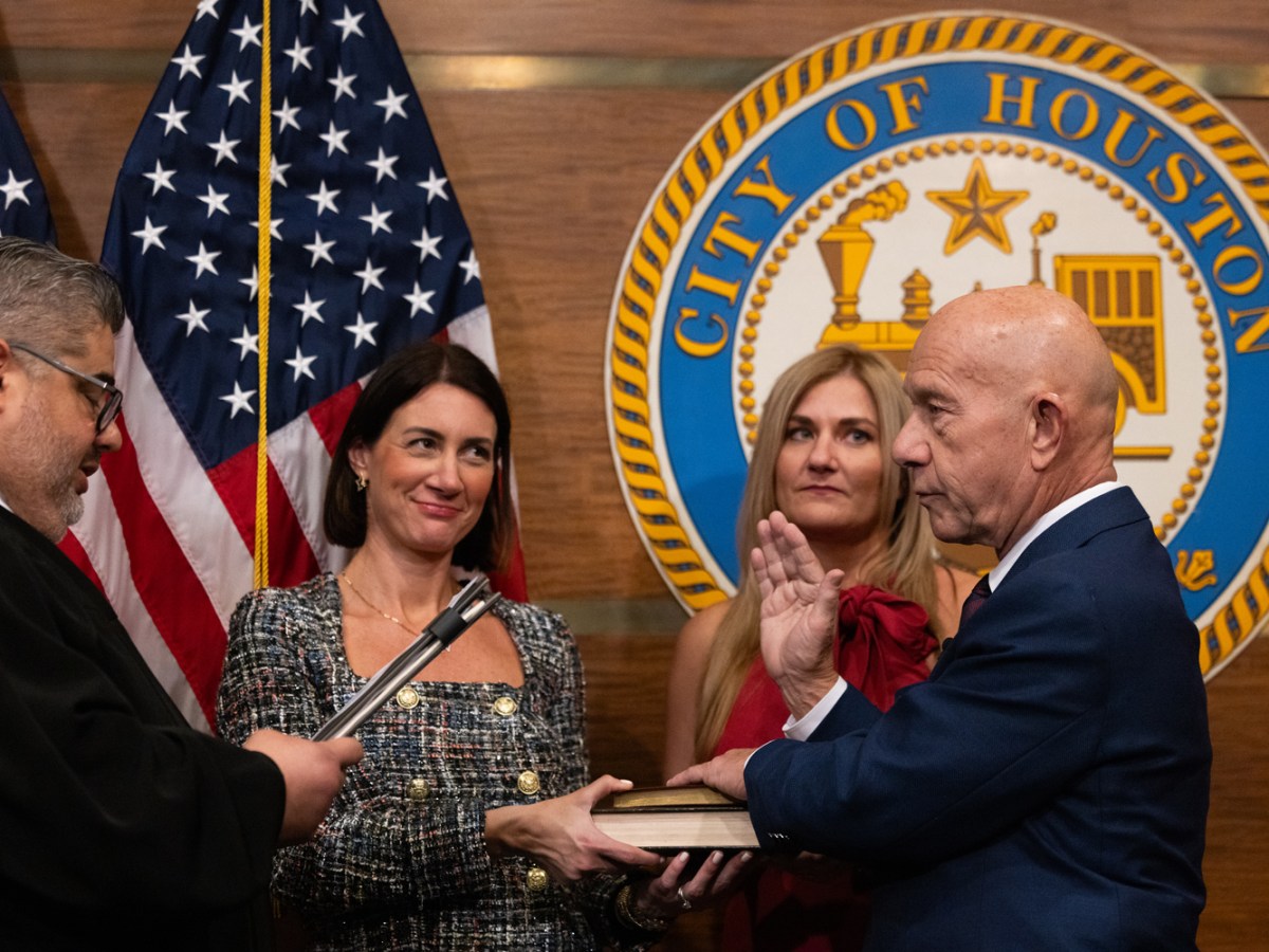 John Whitmire takes the oath of office as Houston’s new mayor during a private ceremony at midnight in the Mayor’s Office at City Hall, Monday, Jan. 1, 2024, in Houston. The new mayor was sworn in by Harris County Precinct 6 Justice of the Peace Victor Trevino III.