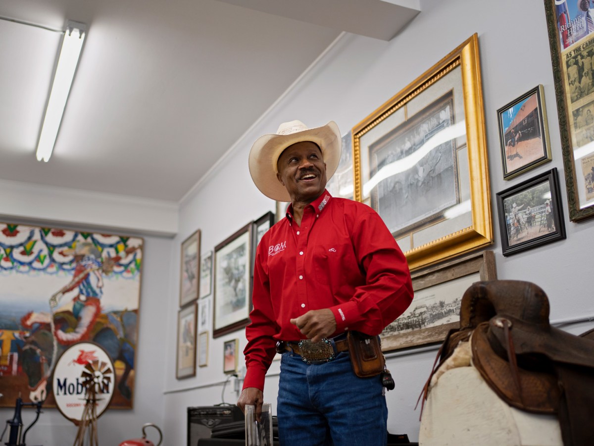 Larry Callies, the founder of the Black Cowboy Museum, talks during a presentation to visitors, Jan. 24, 2024, in Rosenberg.