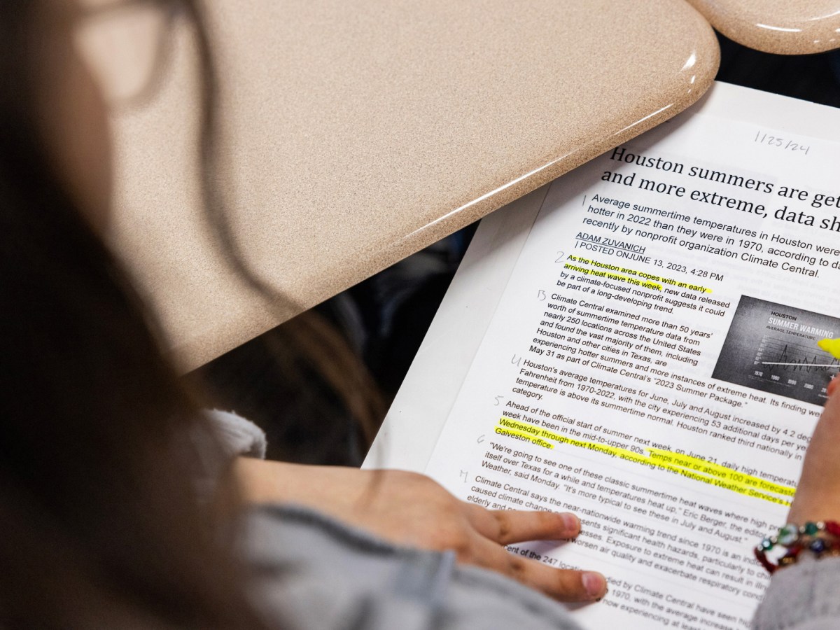 A Sam Houston Math, Science and Technology Center High School student annotates an article during an Art of Thinking class Jan. 26 in Houston.