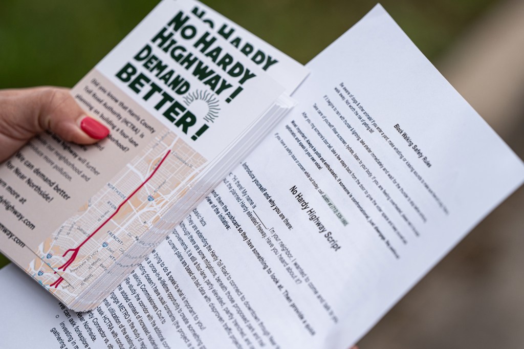 The script supplied to Air Alliance Houston volunteers before they door-knock and inform the community about the proposed Hardy Toll Road expansion to downtown.