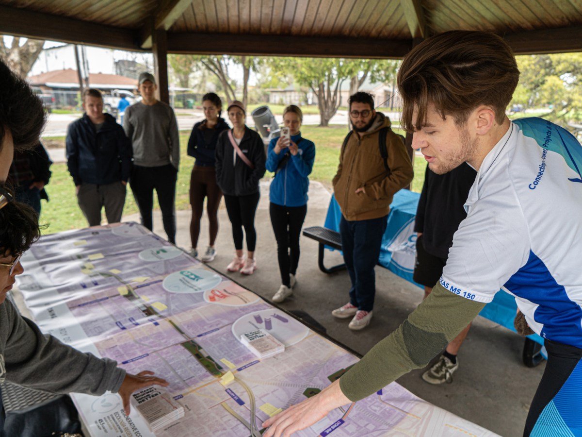 Renewable energy engineer, Mike Moritz explains to Air Alliance Houston volunteers the details about the proposed Hardy Downtown Connector Project, Saturday, March 9, 2024, in Houston.