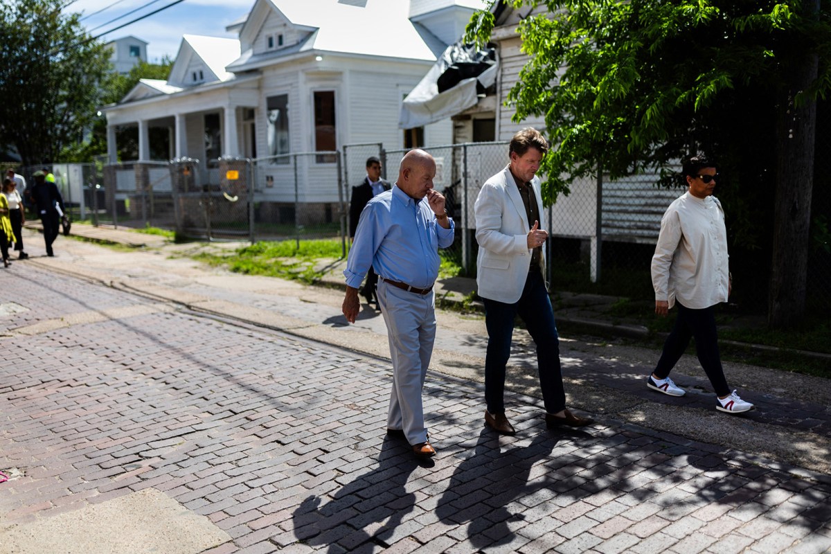 (left to right) City of Houston Mayor John Whitmire, Houston Freedmen's Town Conservancy board member Bill Baldwin, and Houston Freedmen’s Town Conservancy President Eileen Lawal tour the area to see up close some of the historic bricks and discuss the efforts to preserve them on Friday, April 5, 2024, in Houston.