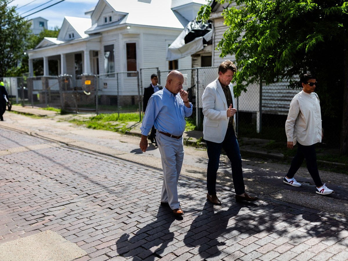 (left to right) City of Houston Mayor John Whitmire, Houston Freedmen's Town Conservancy board member Bill Baldwin, and Houston Freedmen’s Town Conservancy President Eileen Lawal tour the area to see up close some of the historic bricks and discuss the efforts to preserve them on Friday, April 5, 2024, in Houston.