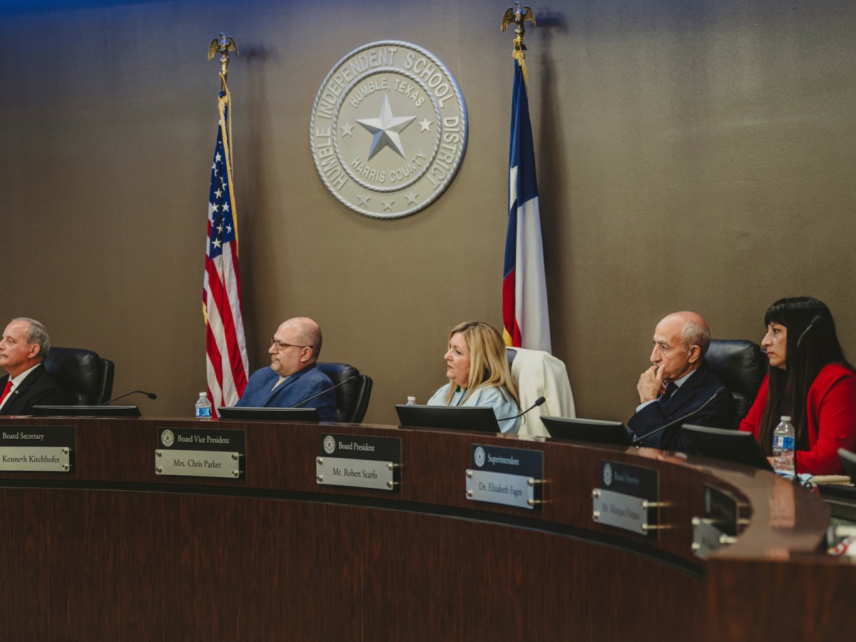 Humble ISD Trustees, (from left to right) Michael Grabowski, Board Secretary, Kenneth Kirchhofer, Vice President Chris Parker, and President Robert Scarfo, along with Superintendent Elizabeth Fagen (far right) listen to public comments during the April 9, 2024 School Board meeting.