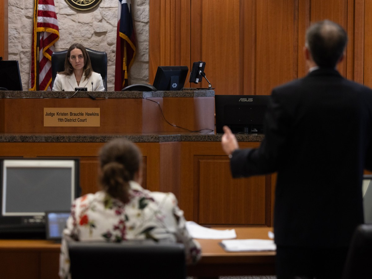 Judge Kristen Brauchle Hawkins, at left, listens to Stephen Brody, lead council for Travis Scott, speak during a pretrial hearing for Astroworld at the Harris County Courthouse, Monday, April 15, 2024, in Houston.